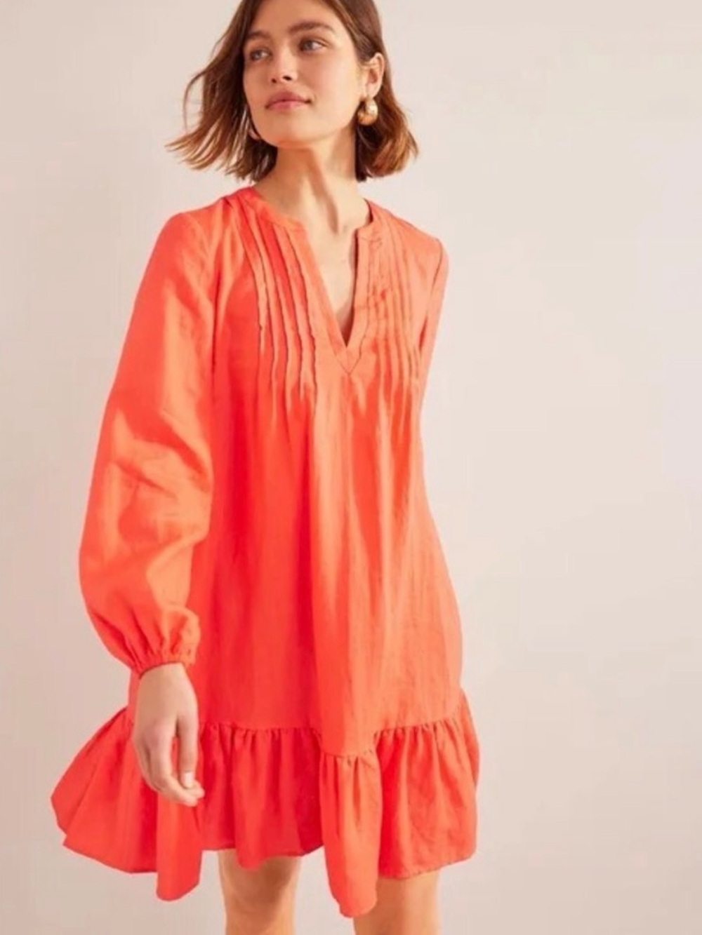 Boden Watermelon Punch Pintuck V-Neck Long-Sleeve Ruffle Hem Dress NWT